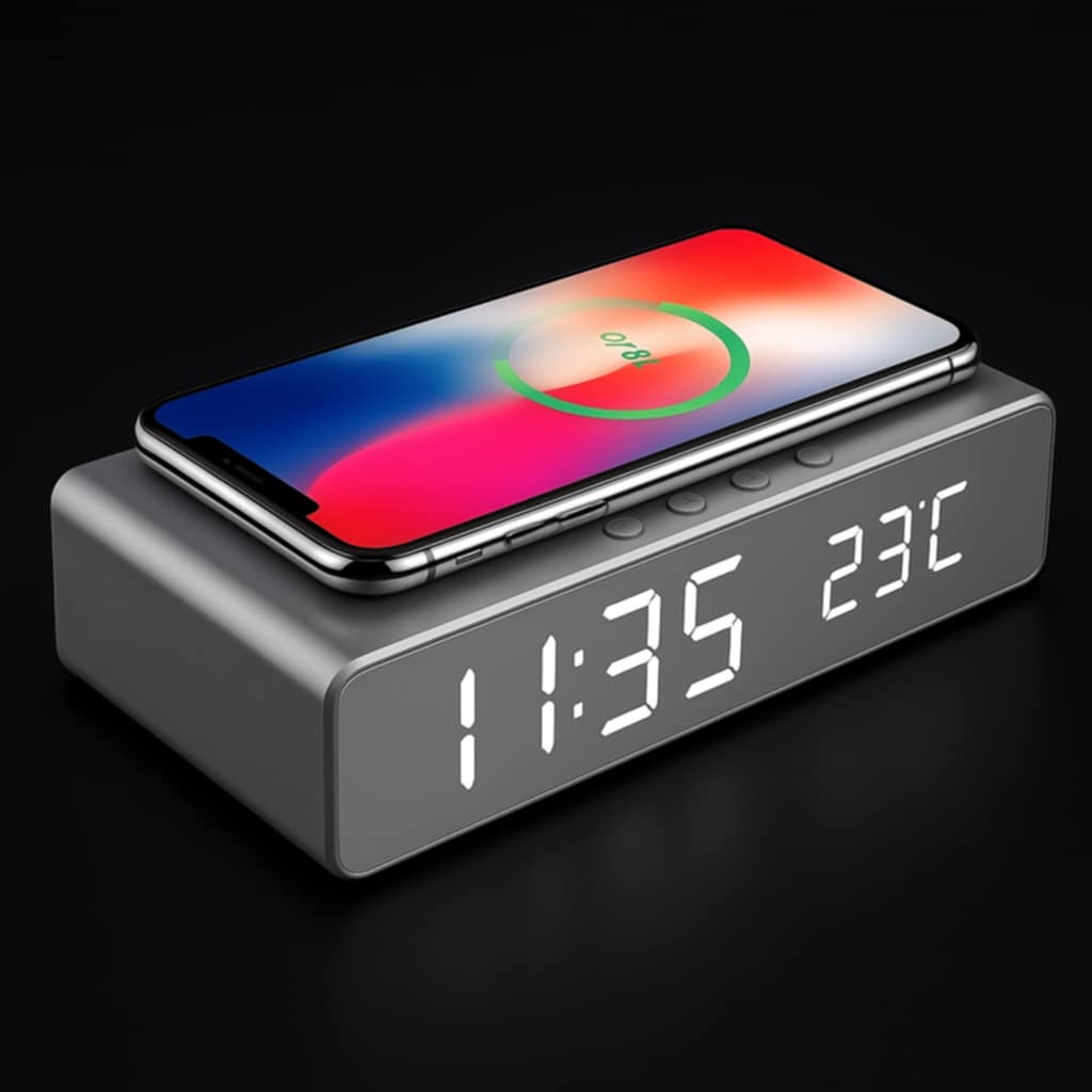 LED Electric Alarm Clock With Wireless Charger